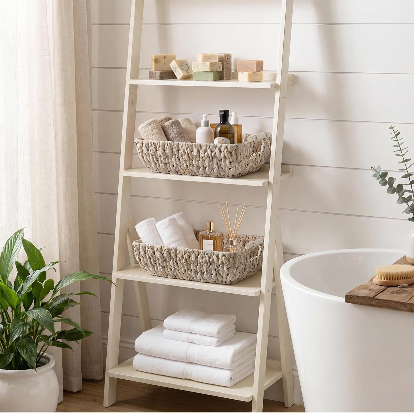 StorageWorks Hand-Woven Storage Baskets with Wooden Handles, Water Hyacinth Wicker Baskets for Organizing, 2 Pack
