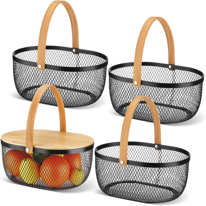 4 Pcs Stackable Metal Mesh Fruit Basket with Lid Oval Wire Mesh Storage Basket with Handle 10 x 7 x 3.9 Inch Stackable Wire Baskets Pantry Organizer for Fruit Vegetable Kitchen, Black