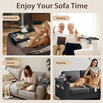 Bamboo Couch Arm Tray, 2 Rotating Trays with 360° Phone Holder & Storage Box, Natural Adjustable Clip On Sofa Table for Snacks, Drinks, Fits Wide Armrests (Up to 10")