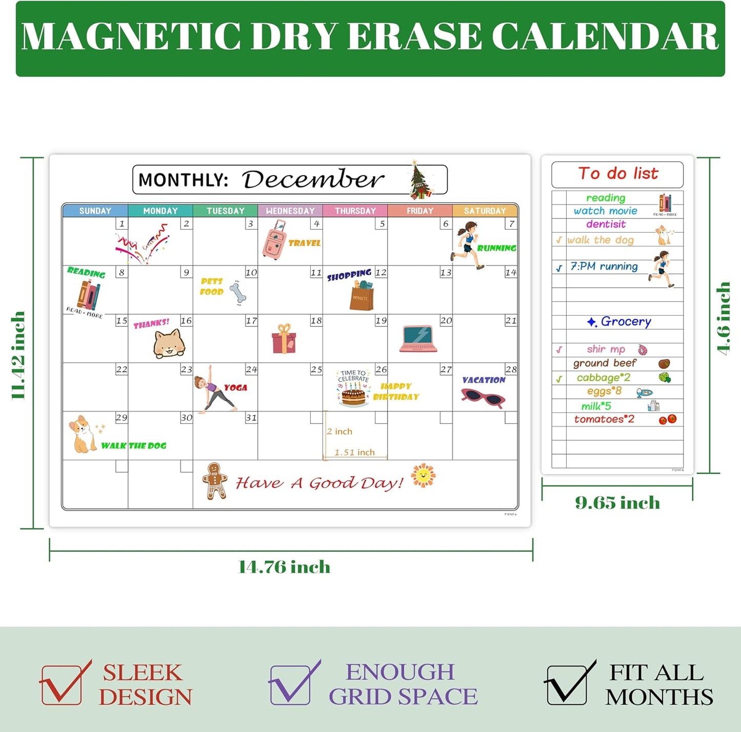 Magnetic Dry Erase Refrigerator Calendar with Markers - 15" x 11" Monthly Fridge Calendar and Today List, Fridge Whiteboard with Back Magnet