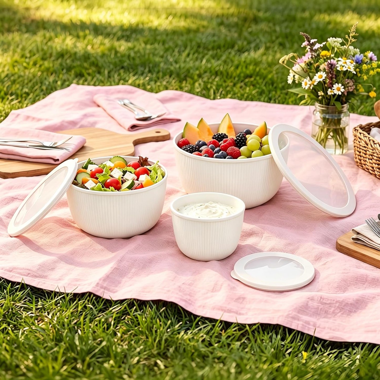 BoxedHome Plastic Mixing Bowls with Lids Set,4.97QT Large Capacity Deep Nesting Bowl,8 Pieces Set BPA-Free Prep Bowls,Dishwasher & Microwave Safe,Beige