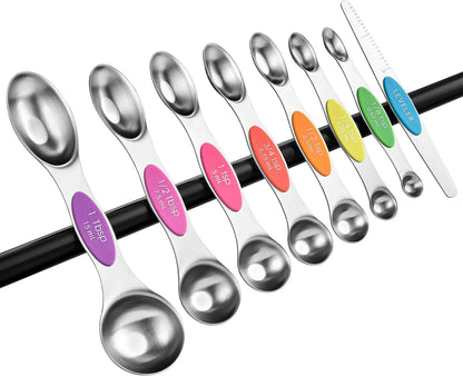 Spring Chef Stainless Steel Magnetic Measuring Spoons Set with Strong N45 Magnets, Heavy Duty Metal Kitchen Gadgets for Baking & Cooking, Fits in Most Kitchen Spice Jars, Set of 8 with Leveler, Black