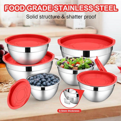 LIANYU Stainless Steel Mixing Bowls Sets of 6, Large 7, 3.5, 2.5, 2, 1.5, 1QT Size with Transparent Airtight Lids, Metal Nesting Serving Bowl Sets for Home Kitchen, Dishwasher & Freezer Safe, Black