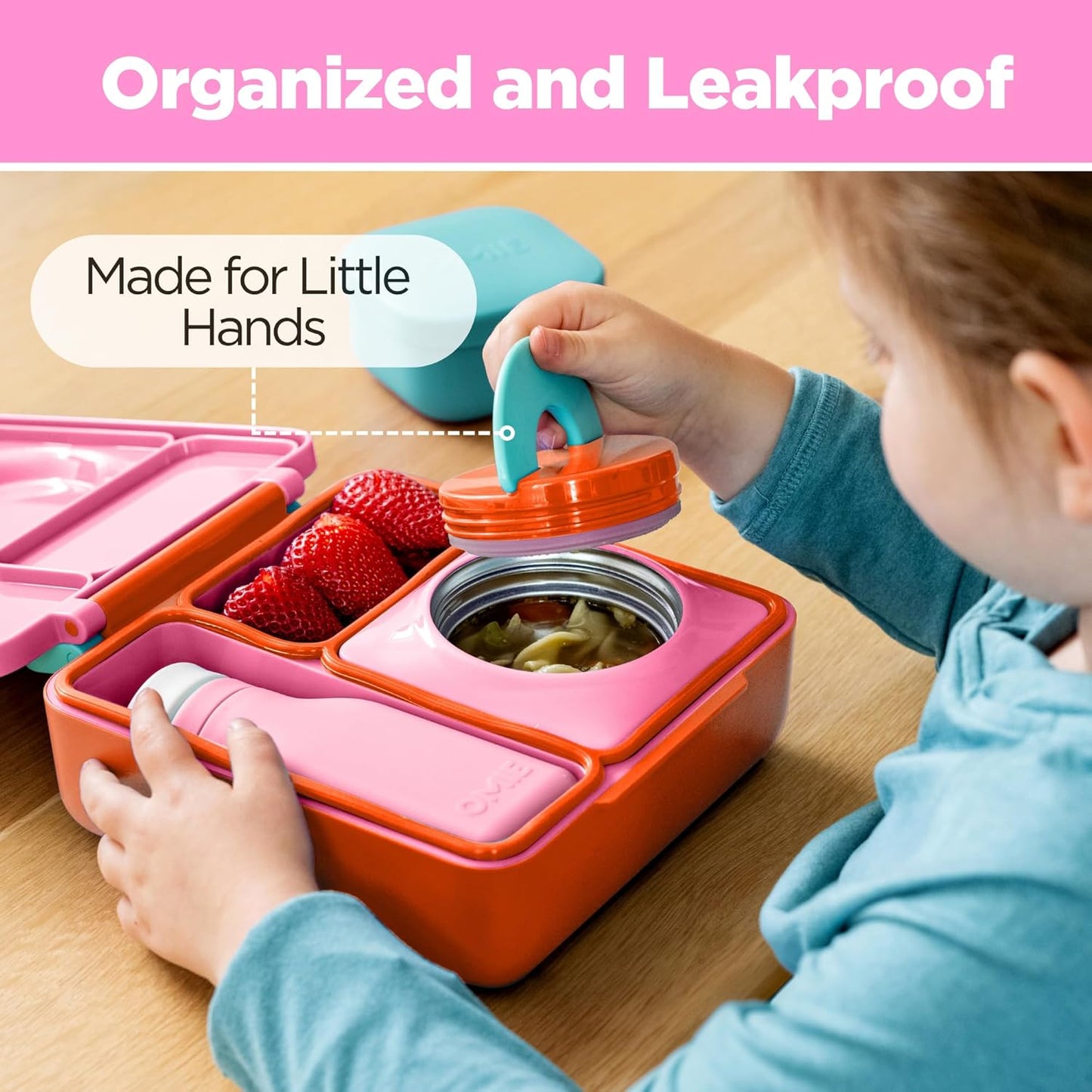 OmieBox Bento Box for Kids - Insulated Bento Lunch Box with Leak Proof Vacuum Insulated Food Jar - 3 Compartments, Two Temperature Zones (Blue Sky)