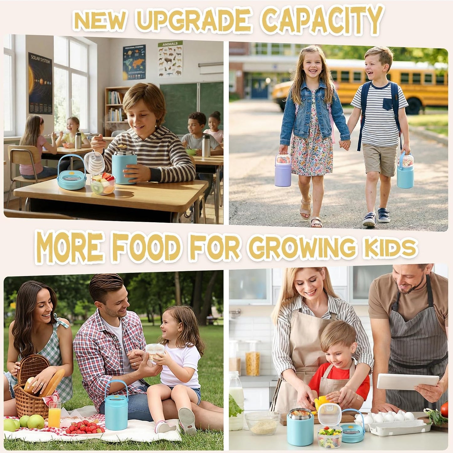 2 - in - 1 Soup Thermo for Hot Food 14oz with Snack Box Container Leak Proof Insulated Lunch Container Kids and Adults Stainless Steel Double Wall Vacuum Wide-mouth Thermal with Spoon and Handle