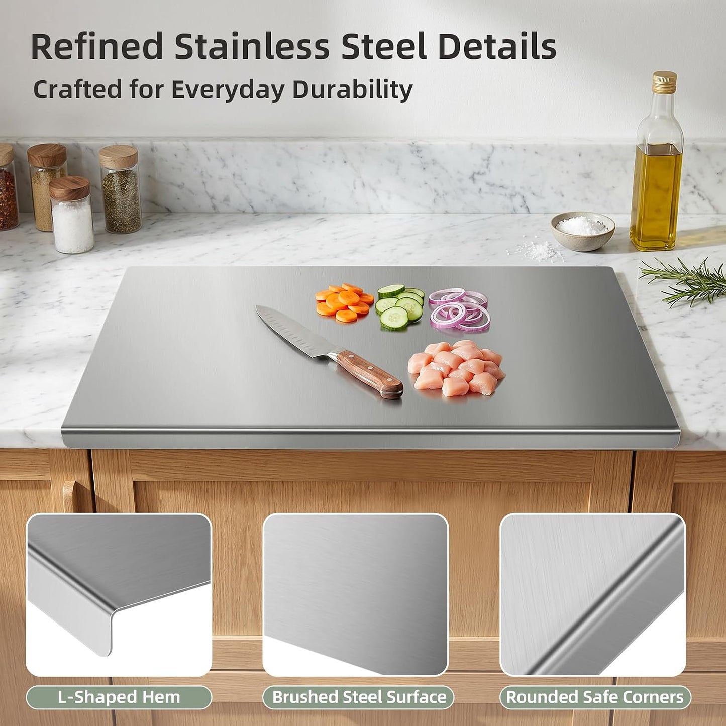 Stainless Steel Cutting Board Set with Lip, 2 Pack 16" & 24" Metal Chopping Boards for Kitchen Countertop, Non-Slip Food Prep Boards for Meat & Vegetables