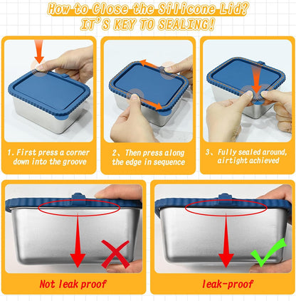 4-Pack Stainless Steel Snack Containers with Silicone Lids, 20oz Leakproof Food Storage Meal Prep Containers Reusable Metal Bento Lunch Snackle Box Container for Travel, Picnics, Office