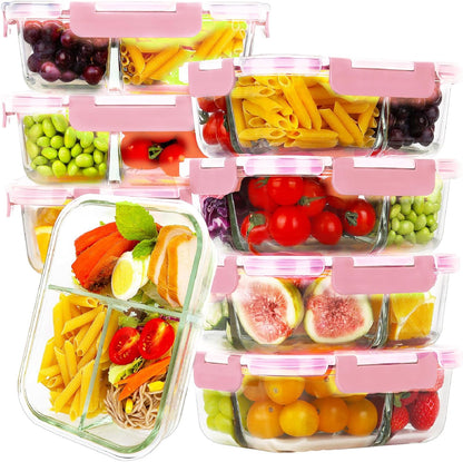 HOMBERKING 8 Pack Glass Meal Prep Containers 3 Compartment, 36oz Glass Food Storage Containers with Lids, Airtight Glass Lunch Bento Boxes, BPA-Free & Leak Proof (8 lids & 8 Containers) - Blue
