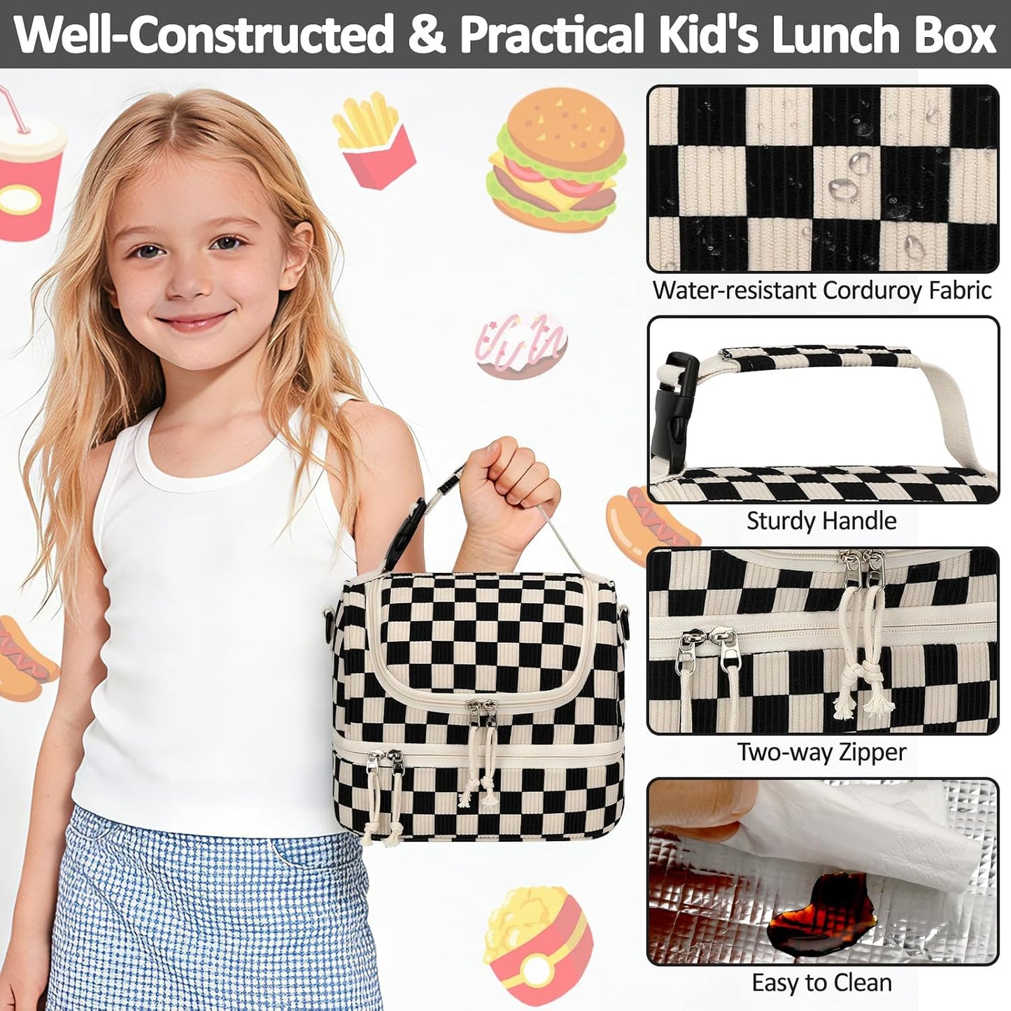 Vankor Corduroy Lunch Box Kids Insulated Lunch Bag Double Decker, Cute Leak-Proof Lunch Box for Boys Girls, Portable Cooler Lunch Bag Thermal Lunch Tote for School Picnic Travel, Light Blue