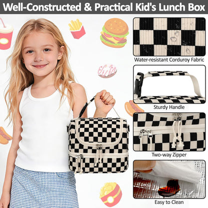 Vankor Corduroy Lunch Box Kids Insulated Lunch Bag Double Decker, Cute Leak-Proof Lunch Box for Boys Girls, Portable Cooler Lunch Bag Thermal Lunch Tote for School Picnic Travel, Light Blue