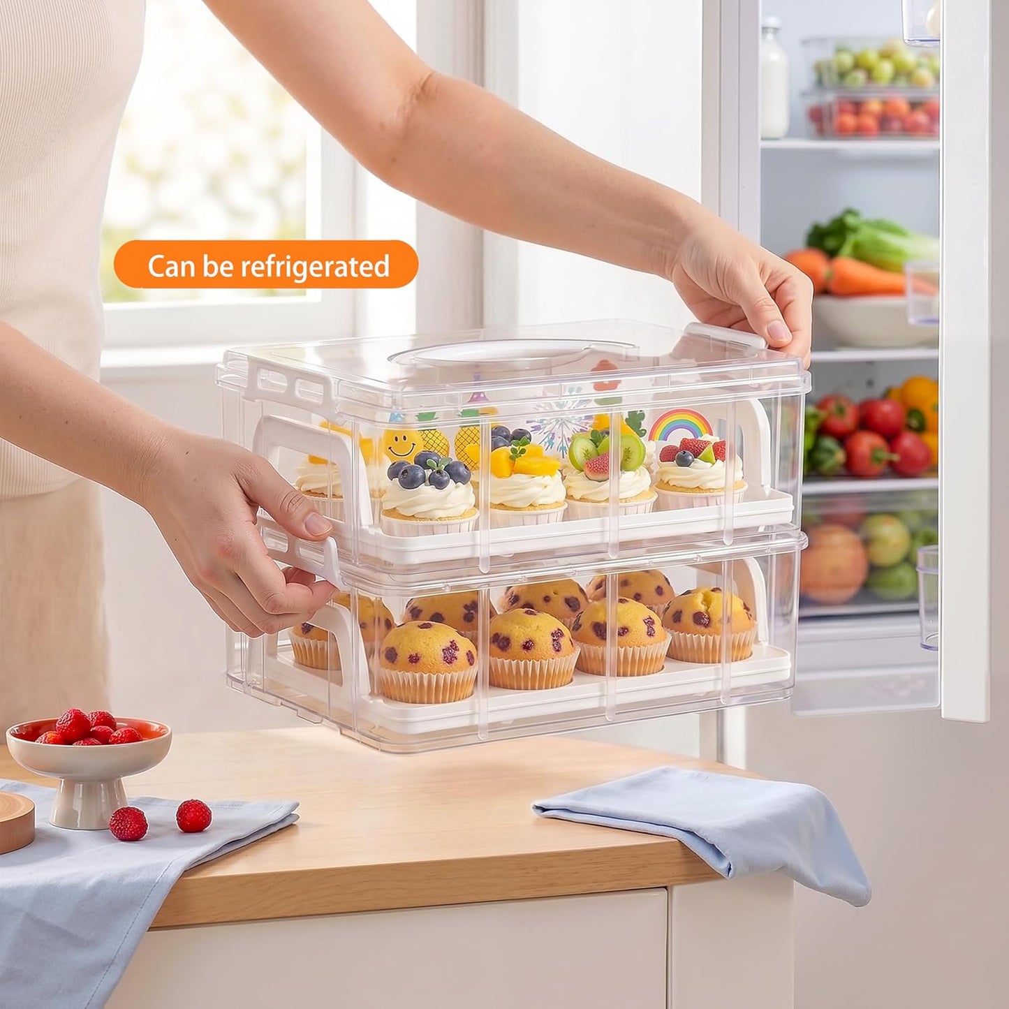 Cupcake Carrier with Lid and Handle 24 Hole with 100 pcs Mini cupcake boards (3.15inch),BPA-Free Cup Containers Holder for Cupcakes, Dessert,Nuts, Fruits, Vegetables, Salads, Cookies