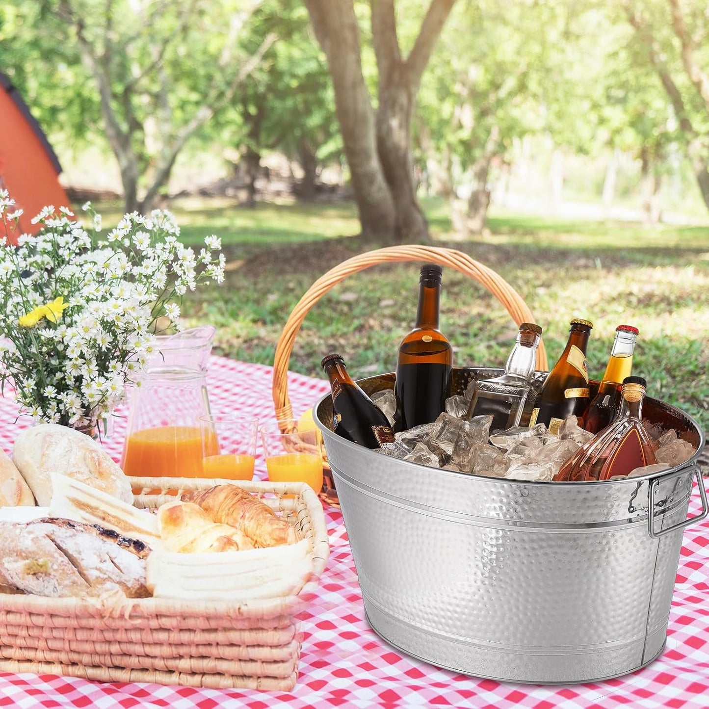 Uiifan 2 Pcs 24 Quart 6 Gallon Hammered Stainless Steel Beverage Tub Heavy Duty Oval Metal Large Ice Bucket for Drinks Bucket Cooler Ice Container for Bar Wedding Parties Anniversary Wine (Silver)
