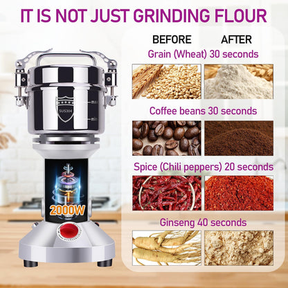 150g Grain Mill, 304 Stainless Steel Spice Grinder, 1500W High-speed Commercial Flour Mill, Superfine Flour Mill Grinder for Home, Grain Mill for Flour