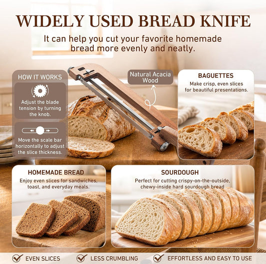 Kravon Adjustable Bread Slicer for Home, Acacia Wooden Bread Knife for Homemade Bread with Adjustable Tension Blade‌,Premium Stainless Serrated Bread Cutter,Ideal Gift for Bread Lovers