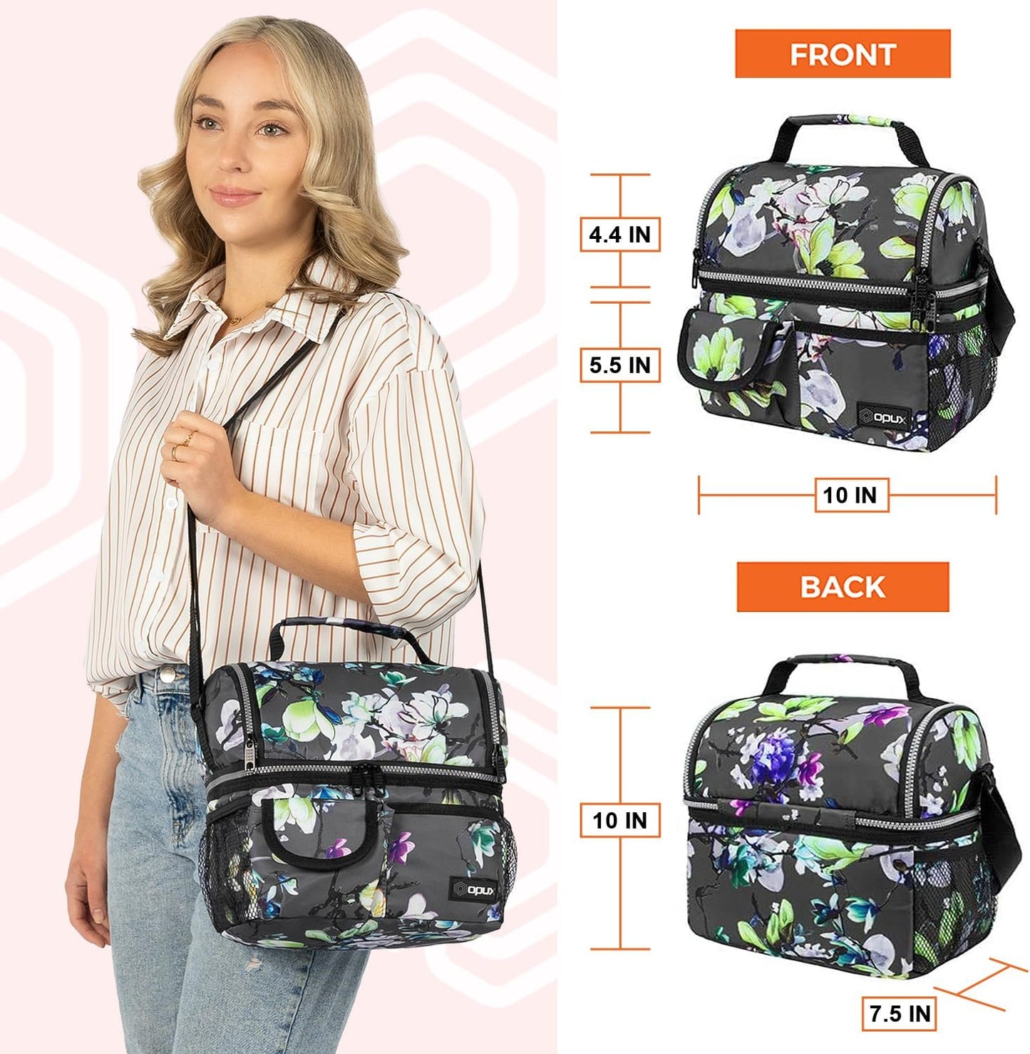 opux Insulated Lunch Bag Women Men, Dual Compartment Leakproof Lunch Box Adults Kids, Double Decker Meal Prep Bento Lunch Cooler Tote with Shoulder Strap for Work Office School Travel, Floral Purple