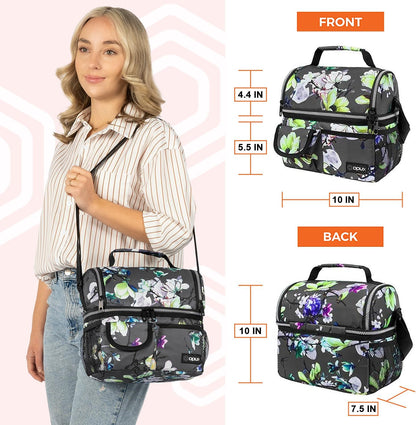 opux Insulated Lunch Bag Women Men, Dual Compartment Leakproof Lunch Box Adults Kids, Double Decker Meal Prep Bento Lunch Cooler Tote with Shoulder Strap for Work Office School Travel, Floral Purple