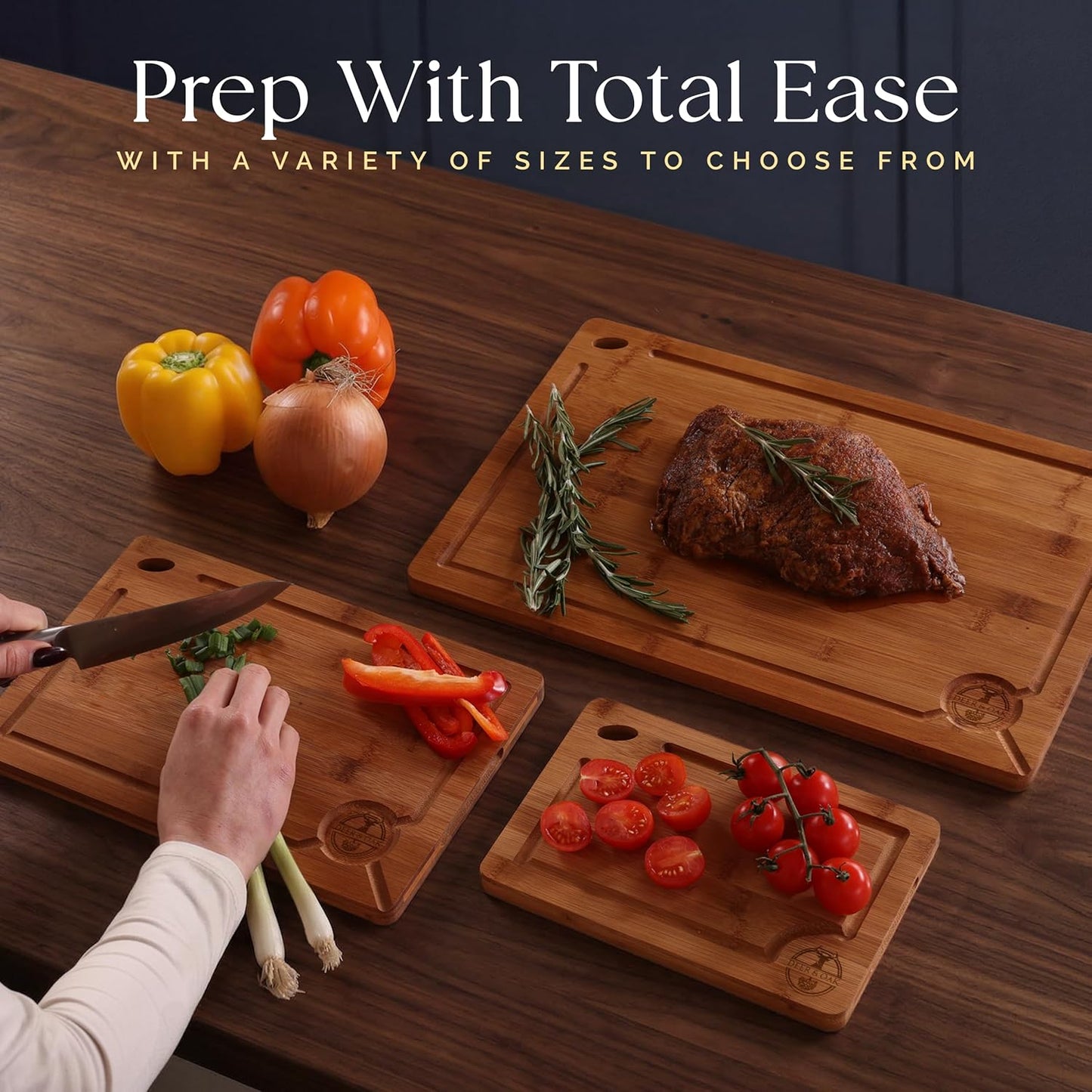 Pre-Oiled, Non Toxic 3-Piece Carbonized Bamboo Cutting Board Set, 500°F Carbonized Technology Eco-Friendly Wooden Chopping Boards for Kitchen with Juice Groove, Charcuterie Serving Boards Deer & Oak