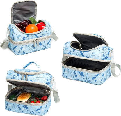 Insulated Kids Dual Compartment Lunch Bags Tote Pack for Girls Boys Toddler Kindergarten School Picnic Cooler Thermal Lunch Boxes with Strap (Green Rainbow)