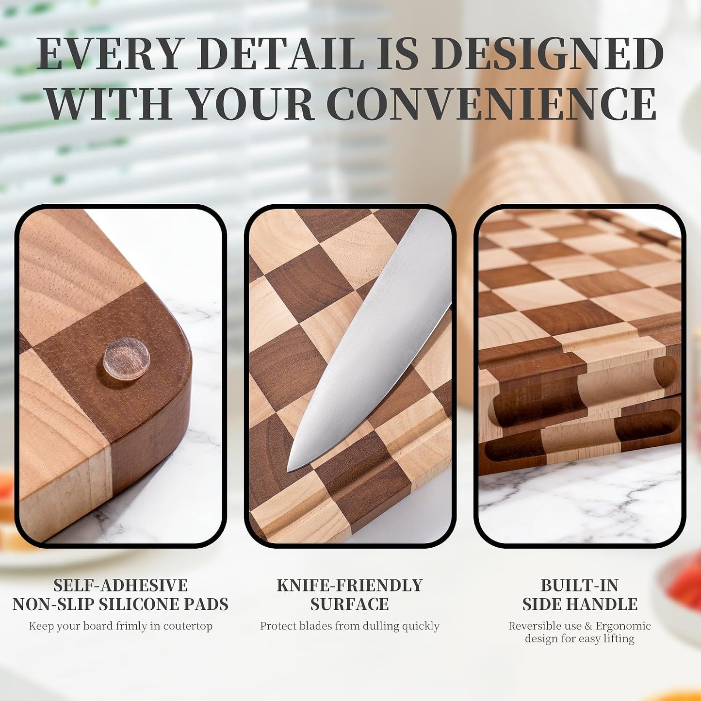 WILLKOMMEN Checkered Cutting Board Set, 3-Piece Wood Checkerboard End Grain Chopping Boards with Holder & Juice Groove Wooden Kitchen Cutting Board for Cooking and Serving (S, M, L)