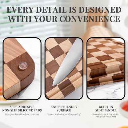 WILLKOMMEN Checkered Cutting Board Set, 3-Piece Wood Checkerboard End Grain Chopping Boards with Holder & Juice Groove Wooden Kitchen Cutting Board for Cooking and Serving (S, M, L)