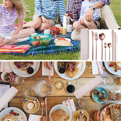 AARAINBOW 8 Pieces Stainless Steel Flatware Set Portable Reusable Cutlery Set Travel Utensils Set Including Chopsticks Knife Fork Spoon Straws Cleaning Brush Dishwasher Safe (Pink Golden)