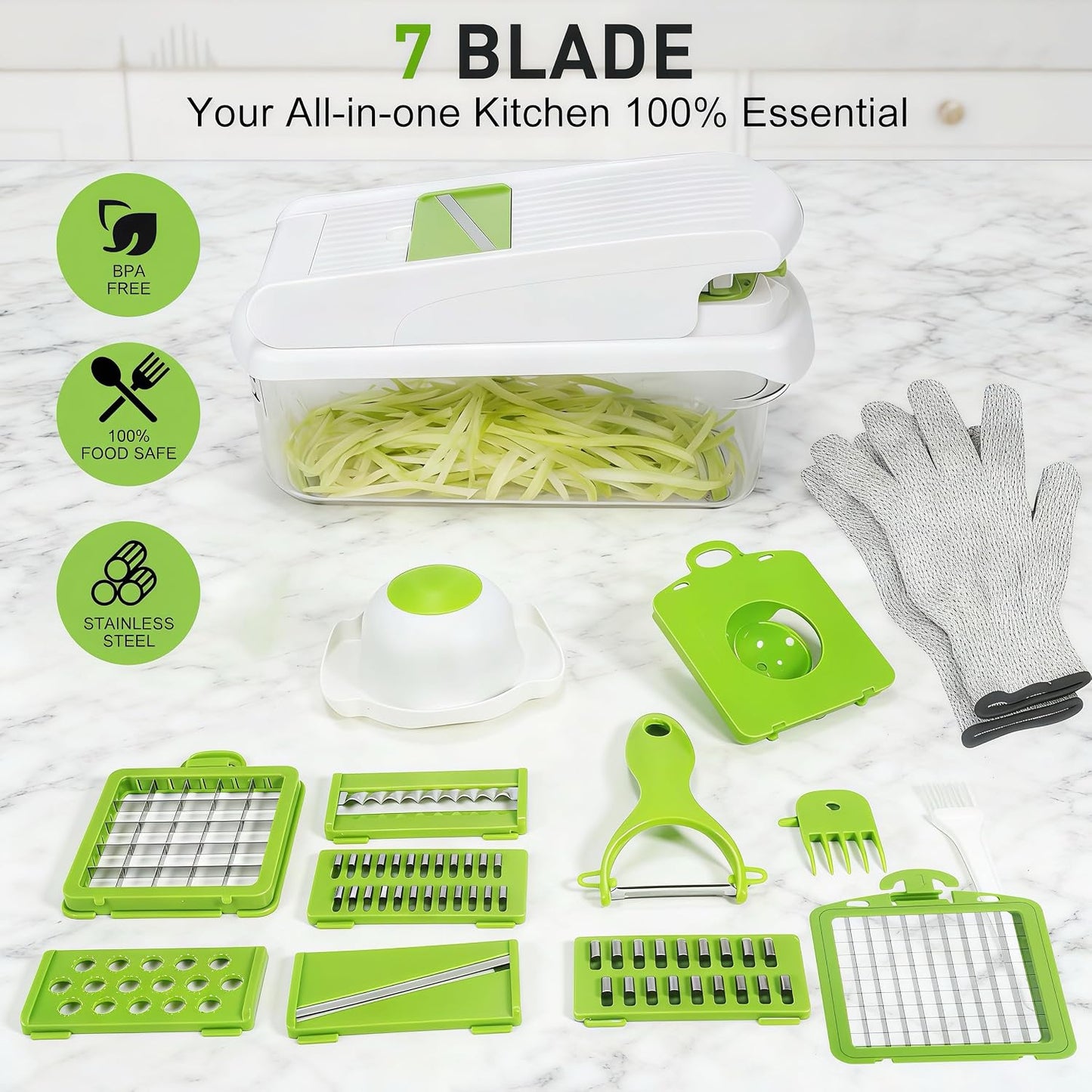 Mandoline Slicer for Kitchen, Vegetable Chopper & Dicer, Professional Food Slicer with Stainless Steel Blades, Safe Veggie Chopper for Onion Potato Carrot Fruit, Easy to Clean