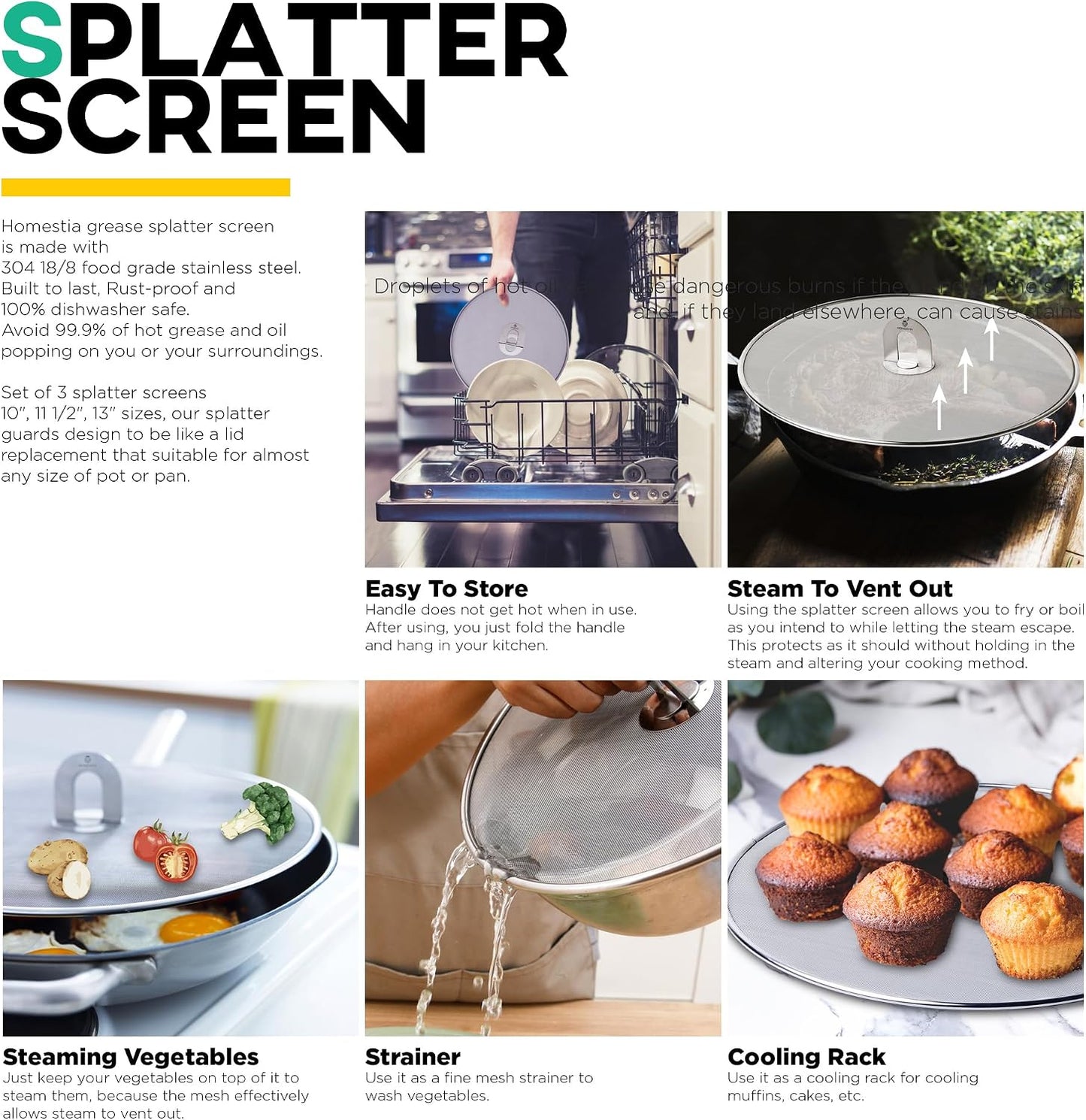 Homestia Splatter Screen for Kitchen, Stainless Steel Fine Mesh Splatter Screen for Frying Pan, 10” Grease Splatter Guard with Fold Flat Knob