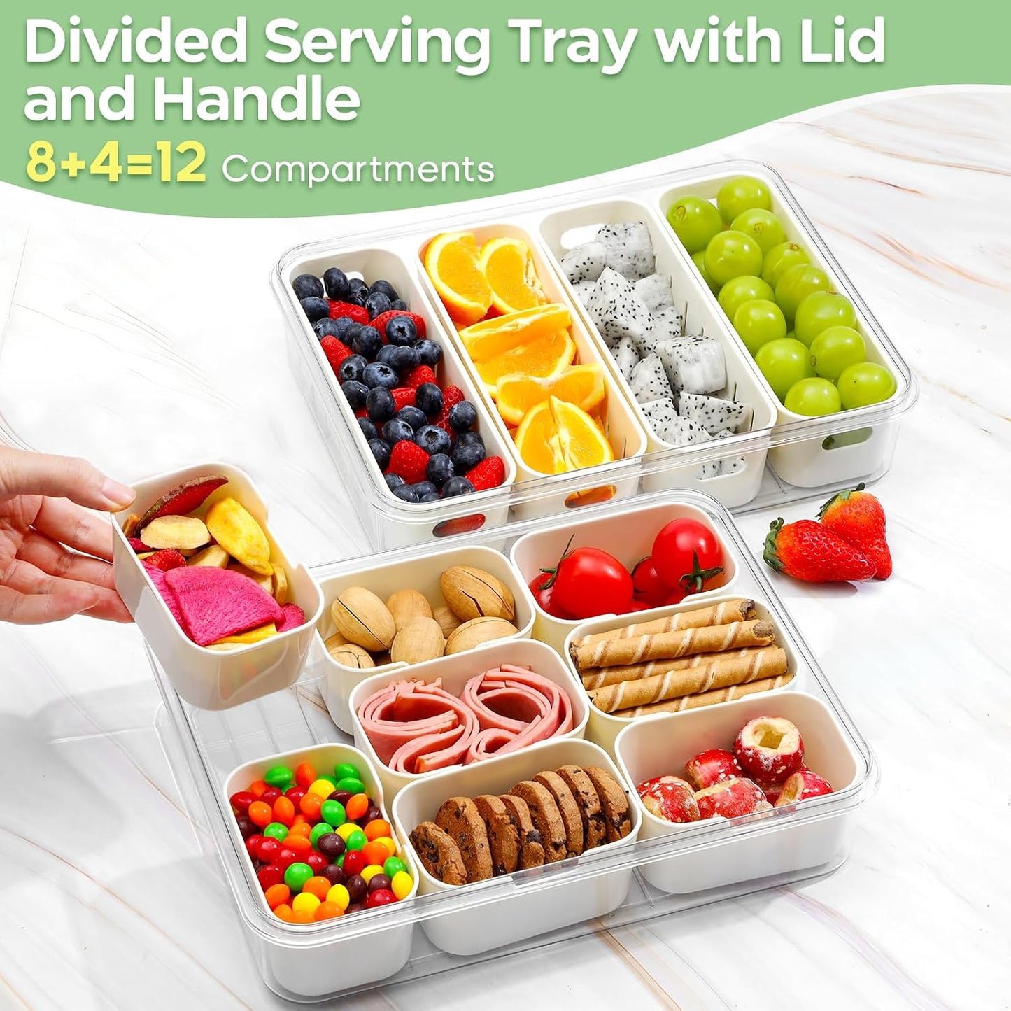 2 Pack Divided Serving Tray with Lid and Handle, 12 Compartments Snackle Box Container for Portable Snack Platters Large Clear Organizer for Picnic Snacks to Go Dishwasher Safe