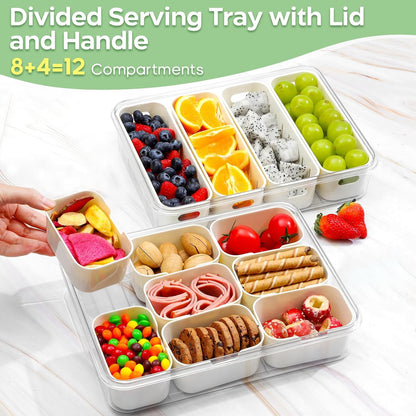 2 Pack Divided Serving Tray with Lid and Handle, 12 Compartments Snackle Box Container for Portable Snack Platters Large Clear Organizer for Picnic Snacks to Go Dishwasher Safe