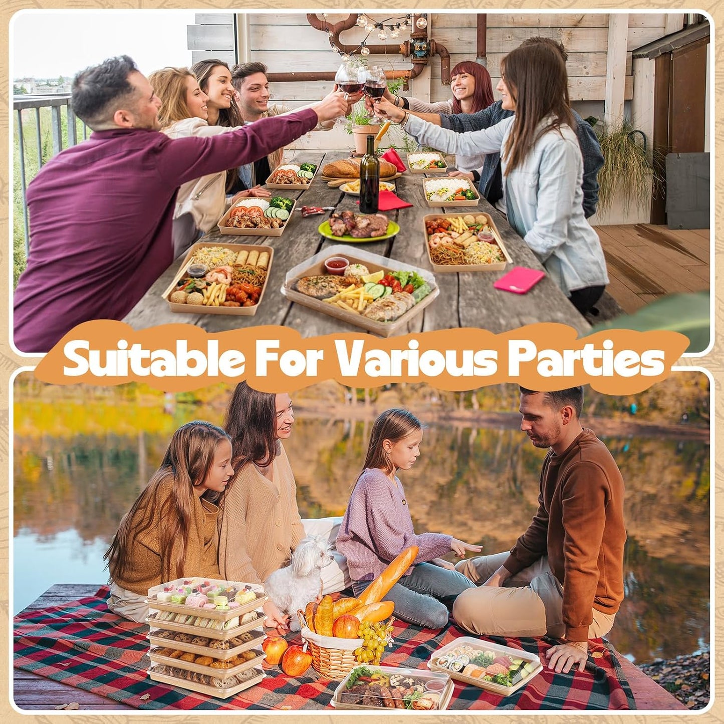 30 Pack Catering Trays with Clear Lids 10.3" x 7.3" Serving Trays Kraft Paper Charcuterie Boxes Party Platters Take Out Food Containers for Snacks Fruit Cookies Dessert Sandwiches