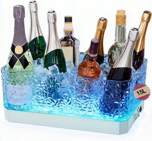 Plastic Ice Bucket for Parties, 15Liter / 4 Gallon Big Large Clear Beverage Tub for Champagne Beer Drink Wine Cocktails Bar, Hosting Party Essentials, LED Light Up, Rectangular, Leakproof