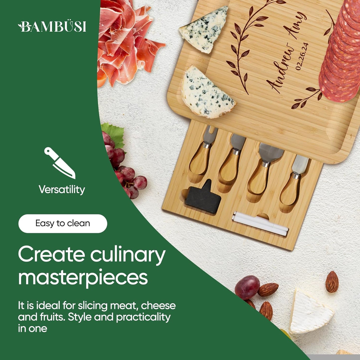 Personalized Charcuterie Board Gift Set - Custom Engraved Bamboo Cheese Board with Knife Set - Personalized Gifts for Wedding Anniversary Bridal Shower Engagement Birthday Housewarming Couples Women