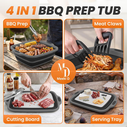 4 in 1 Large Collapsible BBQ Prep Tub with Lid - 16L Foldable Camping Sink with Colander & Cutting Board, Multipurpose Dish Basin for Kitchen, Meat Prep, Vegetables, Fruit, Picnic & Outdoor Cooking