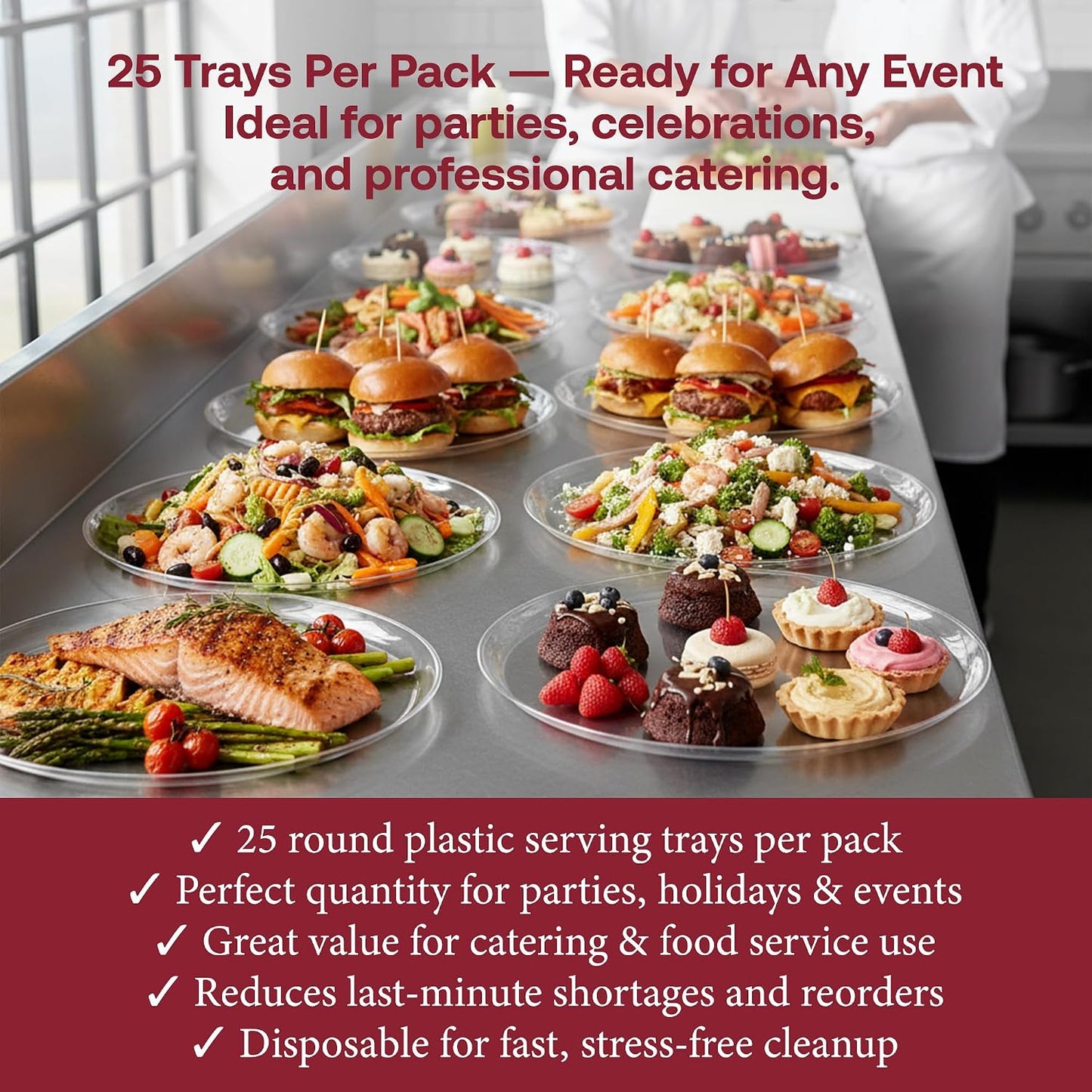 Smarty Had A Party 12 Inch Black Round Plastic Serving Tray – Heavy-Duty Party Platters & Catering Trays, Reusable or Disposable Plastic Trays for Serving Food, Elegant Party Tray Set of 25