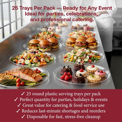 Smarty Had A Party 12 Inch Black Round Plastic Serving Tray – Heavy-Duty Party Platters & Catering Trays, Reusable or Disposable Plastic Trays for Serving Food, Elegant Party Tray Set of 25