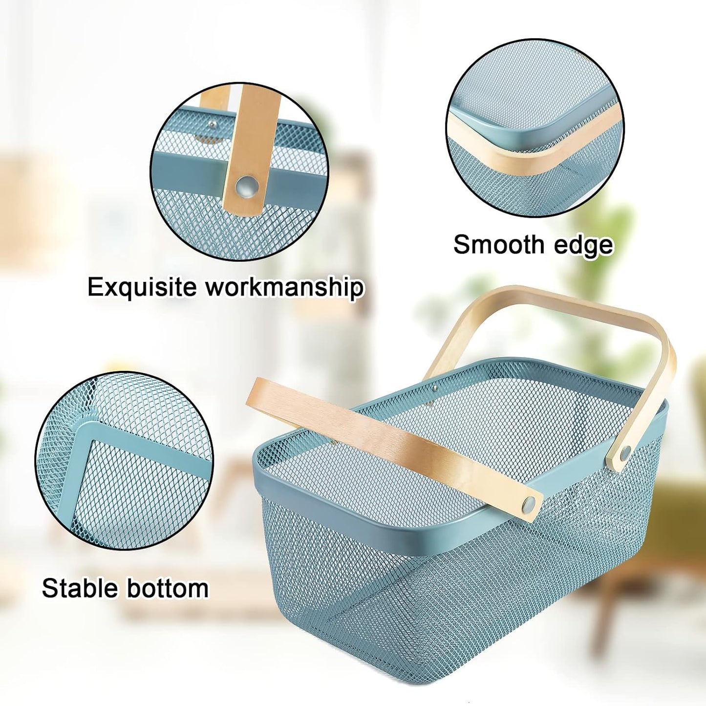 Portable Garden Harvest Basket-Mesh Design Natural Bamboo Handle Wire Storage Baskets,Mesh Basket with Handle Organize Items Reduce Space Occupation,Suitable for Kitchen,Garden,Picnic(Black)