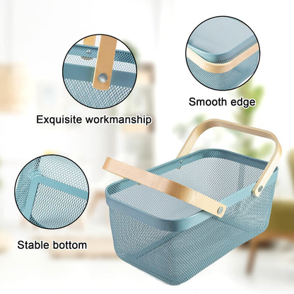 Portable Garden Harvest Basket-Mesh Design Natural Bamboo Handle Wire Storage Baskets,Mesh Basket with Handle Organize Items Reduce Space Occupation,Suitable for Kitchen,Garden,Picnic(Black)