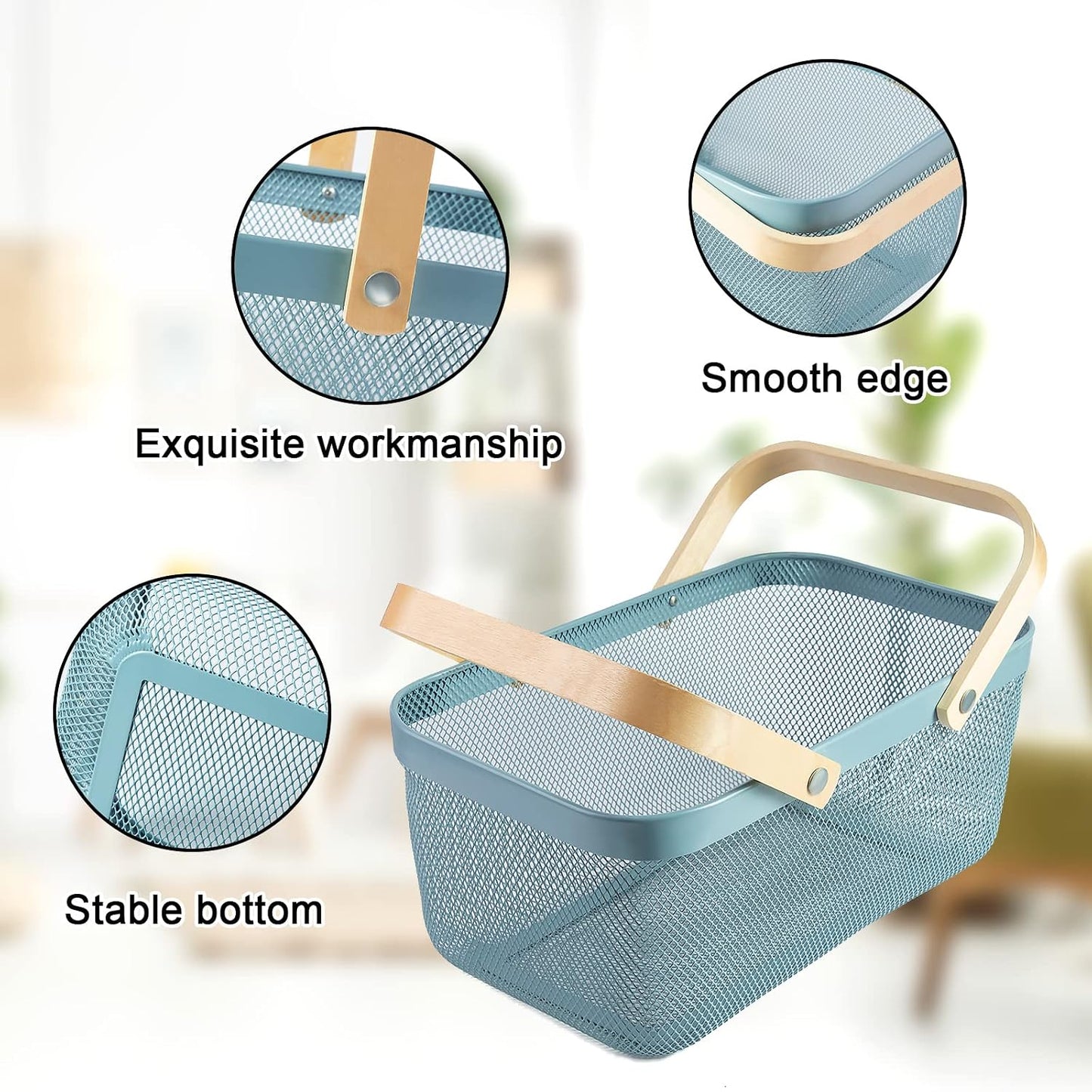 Portable Garden Harvest Basket-Mesh Design Natural Bamboo Handle Wire Storage Baskets,Mesh Basket with Handle Organize Items Reduce Space Occupation,Suitable for Kitchen,Garden,Picnic(Black)