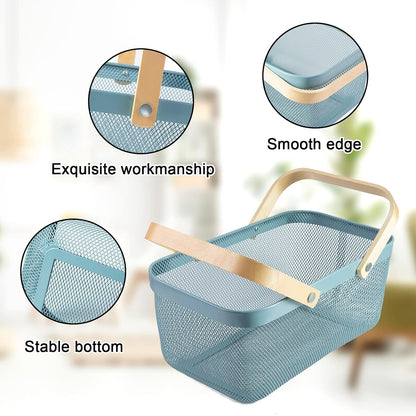Portable Garden Harvest Basket-Mesh Design Natural Bamboo Handle Wire Storage Baskets,Mesh Basket with Handle Organize Items Reduce Space Occupation,Suitable for Kitchen,Garden,Picnic(Black)