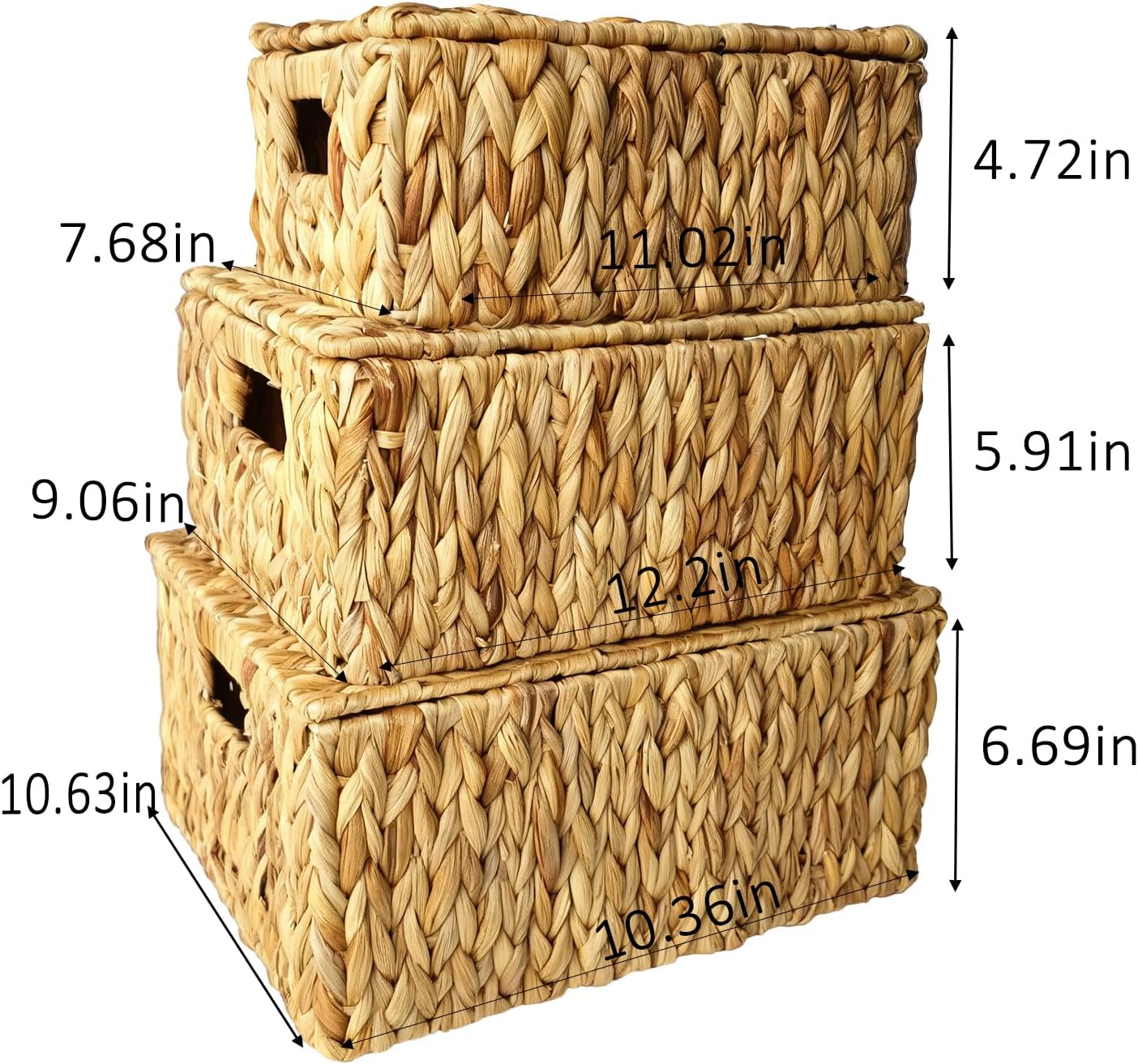Wicker Storage Baskets With Lid,Set of 3 Rectangular Rattan Basket Decorative Boxes with Handles,Large Storage Box Hyacinth Wicker Baskets For Shelf Organizer, Nursery Room,Bathroom,Living Room