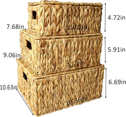 Wicker Storage Baskets With Lid,Set of 3 Rectangular Rattan Basket Decorative Boxes with Handles,Large Storage Box Hyacinth Wicker Baskets For Shelf Organizer, Nursery Room,Bathroom,Living Room