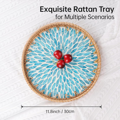 Round Rattan Tray with Mother of Pearl Inlay, Rattan Serving Tray for Coffee, Bread, Fruits, Decorative Wicker Tray for Table Decor, Home Decor, Kitchen Island Decor(Black Checkerboard, 11.8")