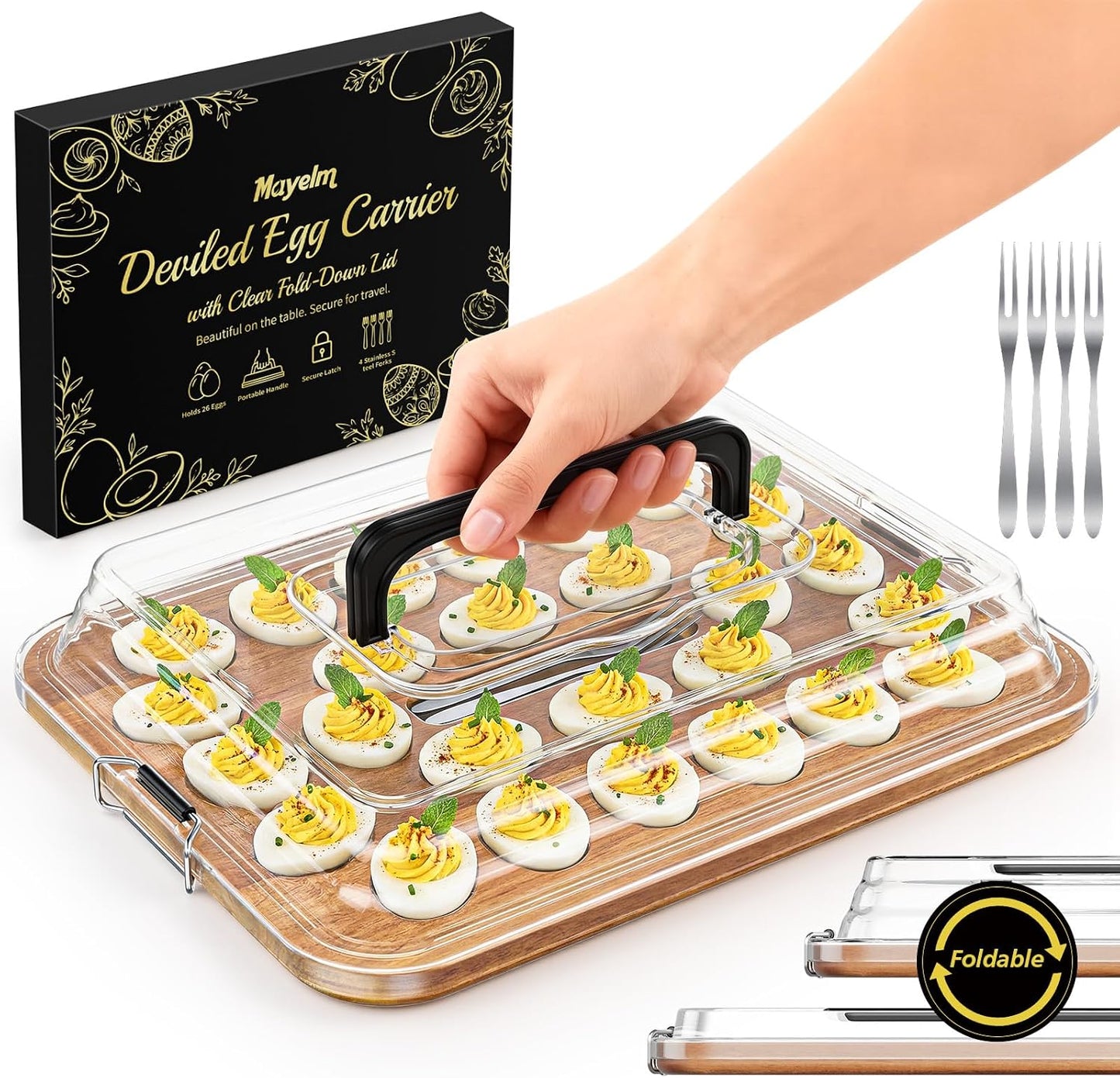 Deviled Egg Containers with Lid, Acacia Wood Deviled Egg Platter Tray for 26 Eggs, Fold-Down Clear BPA-Free Cover Stores Flat, Portable Handle, Secure Latch, 4 Stainless Steel Forks (Black)