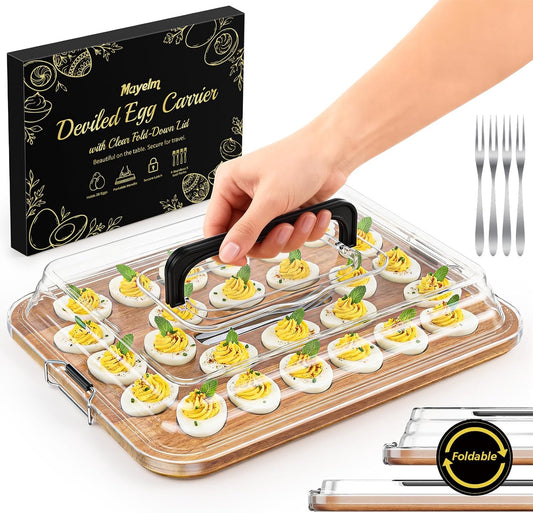 Deviled Egg Containers with Lid, Acacia Wood Deviled Egg Platter Tray for 26 Eggs, Fold-Down Clear BPA-Free Cover Stores Flat, Portable Handle, Secure Latch, 4 Stainless Steel Forks (Black)