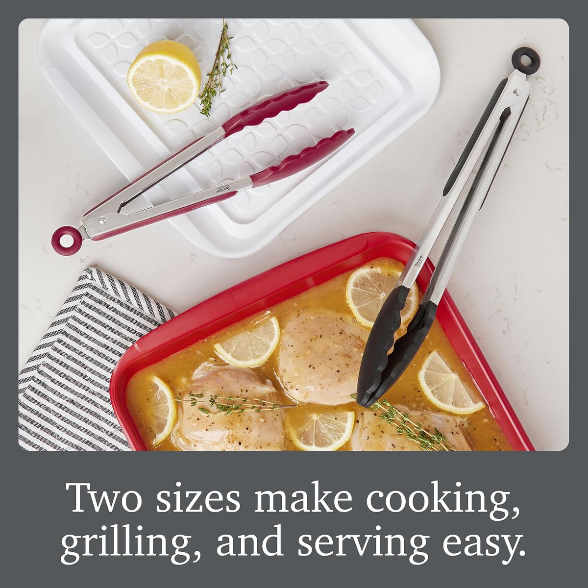 Tovolo Stainless Steel Tongs with Silicone Tips Set of 3 Mini 7” 9” 12 Inch with Easy Lock Mechanism for Cooking Grilling Air Fryer Serving, Red Black Charcoal Gray Heat Resistant Kitchen Tongs