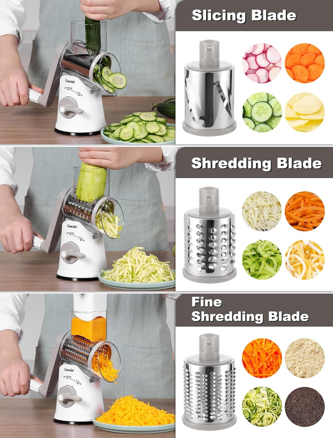 Geedel Rotary Cheese Grater, Kitchen Mandoline Vegetable Slicer with 3 Interchangeable Blades, Easy to Clean Rotary Grater Slicer for Cheese, Vegetables, Nuts