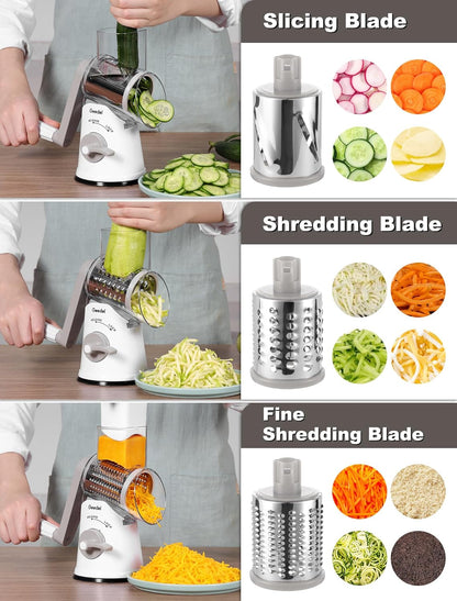 Geedel Rotary Cheese Grater, Kitchen Mandoline Vegetable Slicer with 3 Interchangeable Blades, Easy to Clean Rotary Grater Slicer for Cheese, Vegetables, Nuts