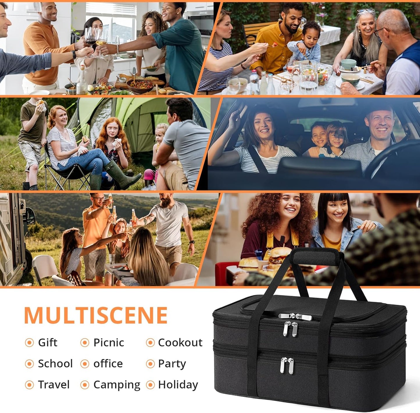 Double Insulated Casserole Carrier - Portable Casserole Carriers for Hot or Cold Food Lunch Tote Warmer or Cooler Bag for Potluck Parties Picnic Cookouts, Fits 9" x 13" Baking Dish - Grey