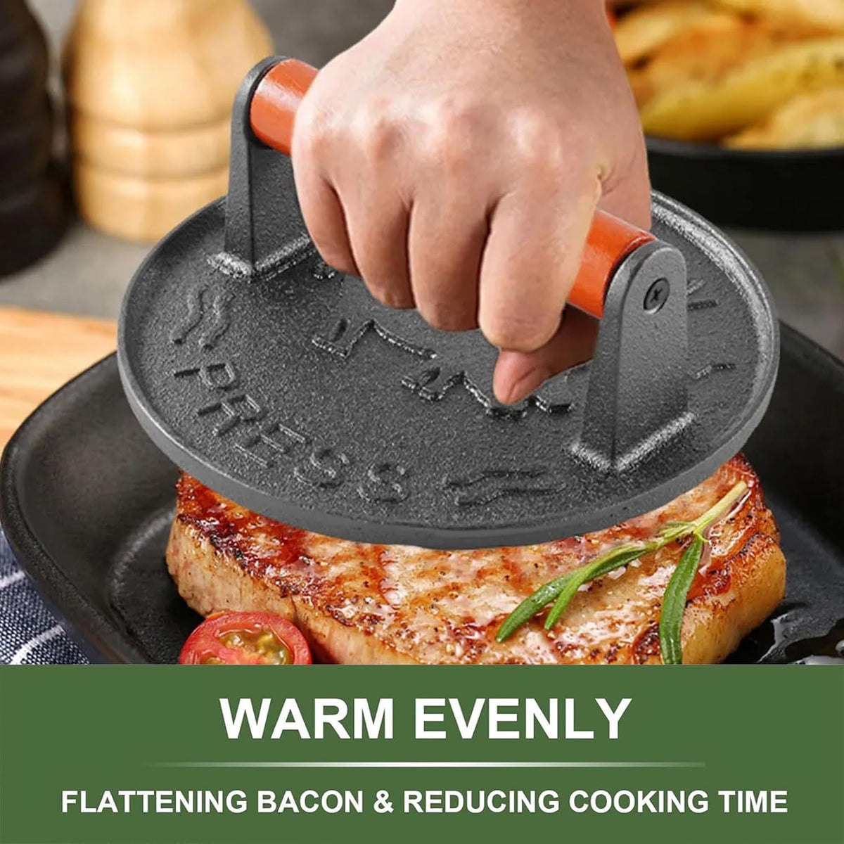 Cast Iron Burger Press, 7.2 inch Round, Wood Handle