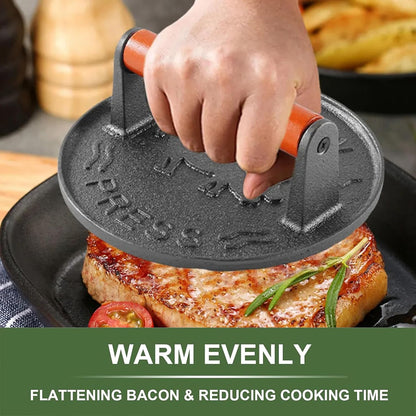 Cast Iron Burger Press, 7.2 inch Round, Wood Handle